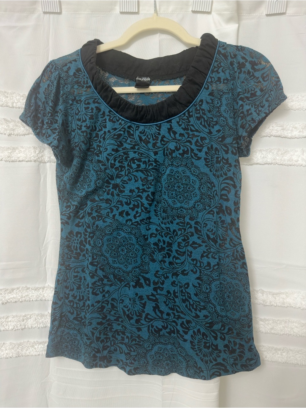Vintage Maurices Womens Teal Blue Black Damask Floral Ruffle Scoop Neck Top S